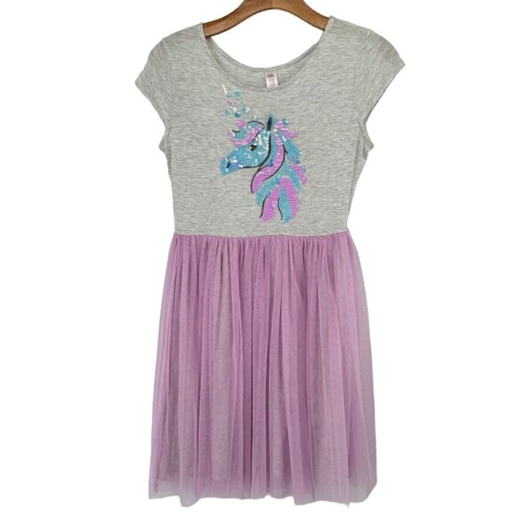 Justice Girls' Unicorn Sequin Dress Grey & Pink Short Sleeve Size 14 -16 - Picture 1 of 11